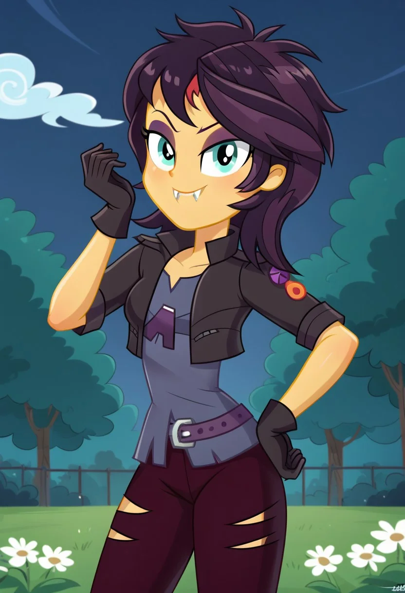 four fingers, detailed eyebrows, angry smile, score_9, score_8_up, correct anatomy, dynamic pose, ripped pants, vampire pose, BREAK Sunset Shimmer, dark hair, cropped jacket, ripped pants, dark gloves, eyeshadow, short-sleeved jacket, night, dark red pants, looking at viewer, 1girl, posing, evil face, solo, grass, park, breasts, angry smile, teeth, petite body, bedroom eyes, seductive face, smiling, vampire fangs, vampire_shimmer_outfit, (flat shading, soft shading), ((equestria girls, show accurate:1.2))