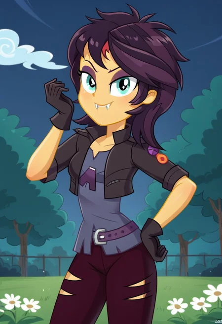 four fingers, detailed eyebrows, angry smile, score_9, score_8_up, correct anatomy, dynamic pose, ripped pants, vampire pose, BREAK Sunset Shimmer, dark hair, cropped jacket, ripped pants, dark gloves, eyeshadow, short-sleeved jacket, night, dark red pants, looking at viewer, 1girl, posing, evil face, solo, grass, park, breasts, angry smile, teeth, petite body, bedroom eyes, seductive face, smiling, vampire fangs, vampire_shimmer_outfit, (flat shading, soft shading), ((equestria girls, show accurate:1.2))