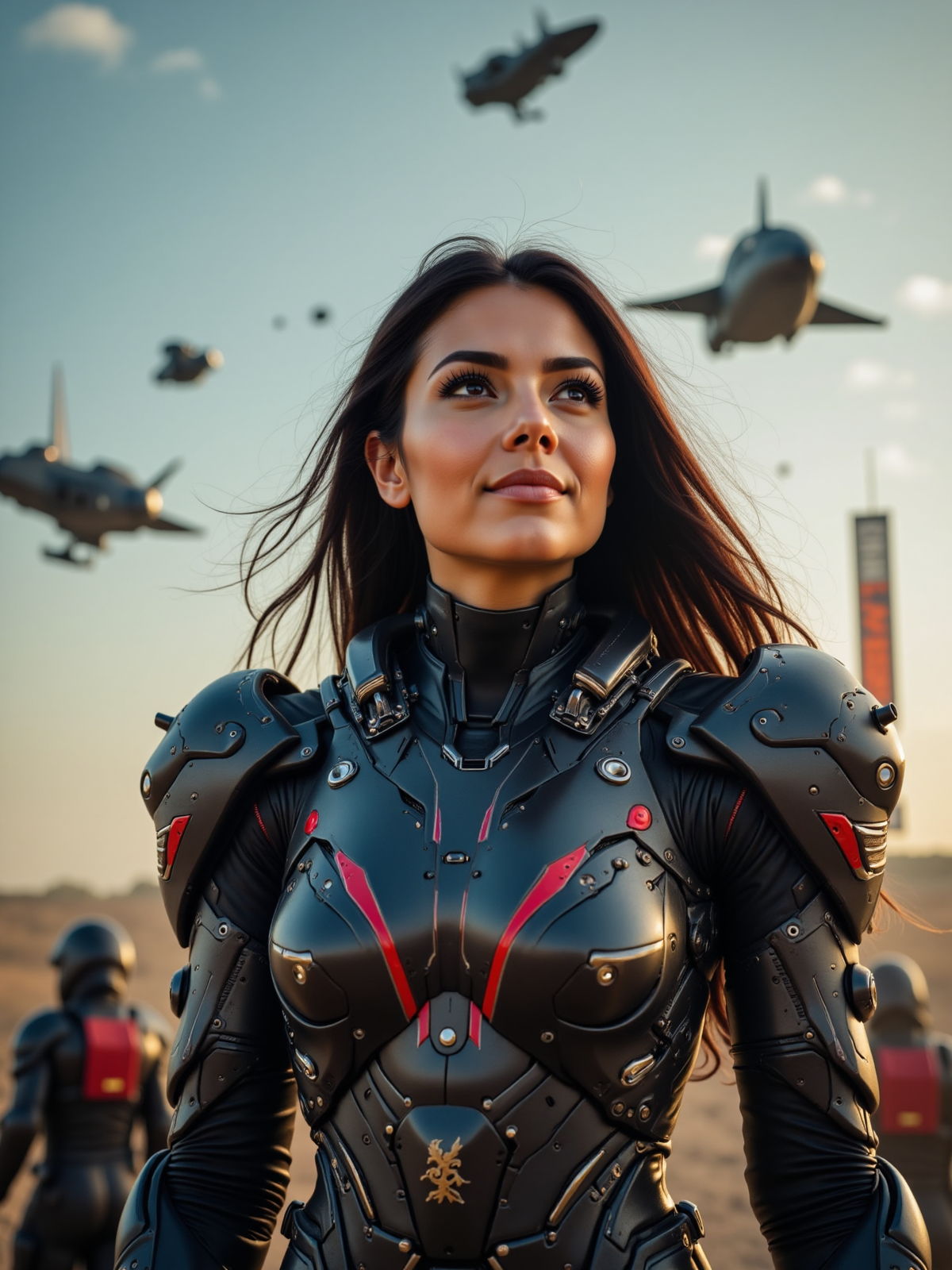 candid low-angle cinematic portrait of a beautiful brunette woman in heavy futuristic military armor, viewed from below in 3/4 profile, looking up toward the sky with calm confidence. Her armor is matte black with dark crimson and gold accents, glossy shoulder plating, reinforced joints, visible bolts, screws, and glowing fiber cables. flowing long hair, soft yet focused expression. background: futuristic battlefield skyline with looming dropships, tall banners, and distant marching troops. at the bottom of the image, bold metallic-texture futuristic font reads "Would you like to know more?" and "CivitAi Network" in a large sharp angular military-style font, beside an angular eagle emblem reminiscent of a sci-fi federation logo. photorealistic, cinematic, propaganda poster style, ultra-detailed, sharp focus, clear lighting, dramatic composition.



ftlas-mk.1
