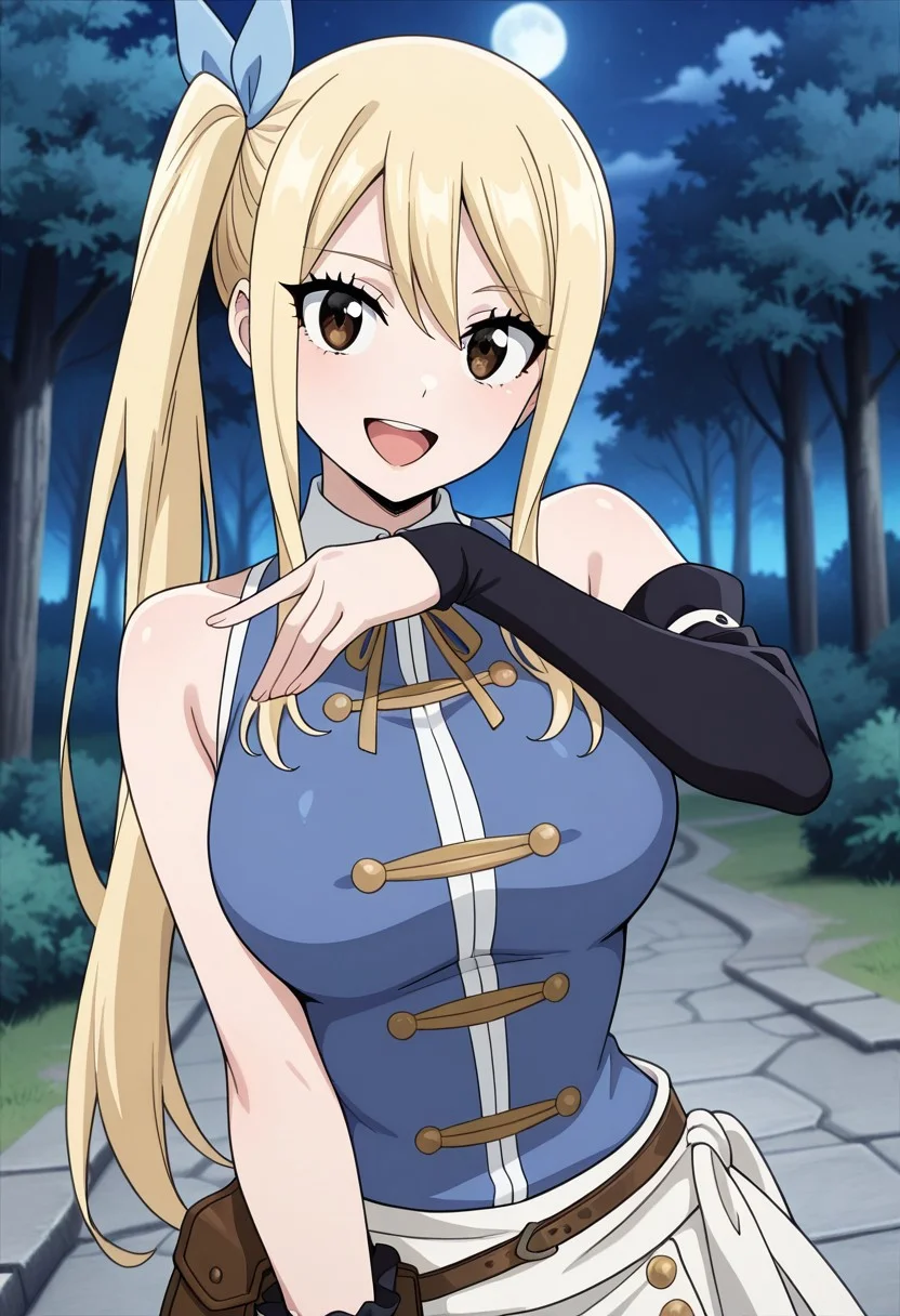 masterpiece, best quality, newest, anime screencap, 1girl, <lora:LucyHeartfiliaAvatartwo_Illu_Dwnsty:1>, lcyhrtavtrctwo, brown eyes, blonde hair, side ponytail, sidelocks, long hair, blue ribbon, hair ribbon, blue shirt, sleeveless shirt, collared shirt, yellow neck ribbon, scrunchie, single detached sleeve, black sleeve, white skirt, brown belt, belt pouch, white sash, perfect eyes, breast, shiny skin, expressive, smile, open mouth, looking at viewer, erotic pose, forest, night, perfect anatomy
