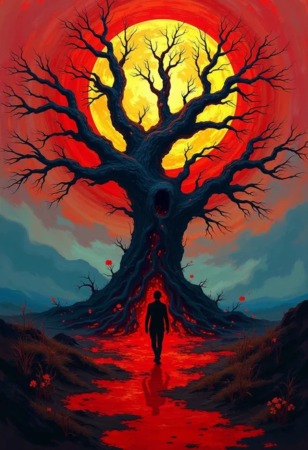 DB4RZ style paintingart horror fantasy theme, tree horror, bleeding yellow glowing sap, walking in wasteland, red moonlight, focus tree torror, closeup, style of KaiZen. Horror atmosphere. Colorful, vivid colors , atmospheric, best quality, sharp focus, high contrast, stylized, dark, clear, surreal, ultra quality, 8k, best quality, masterpiece, midjourneyv6.1