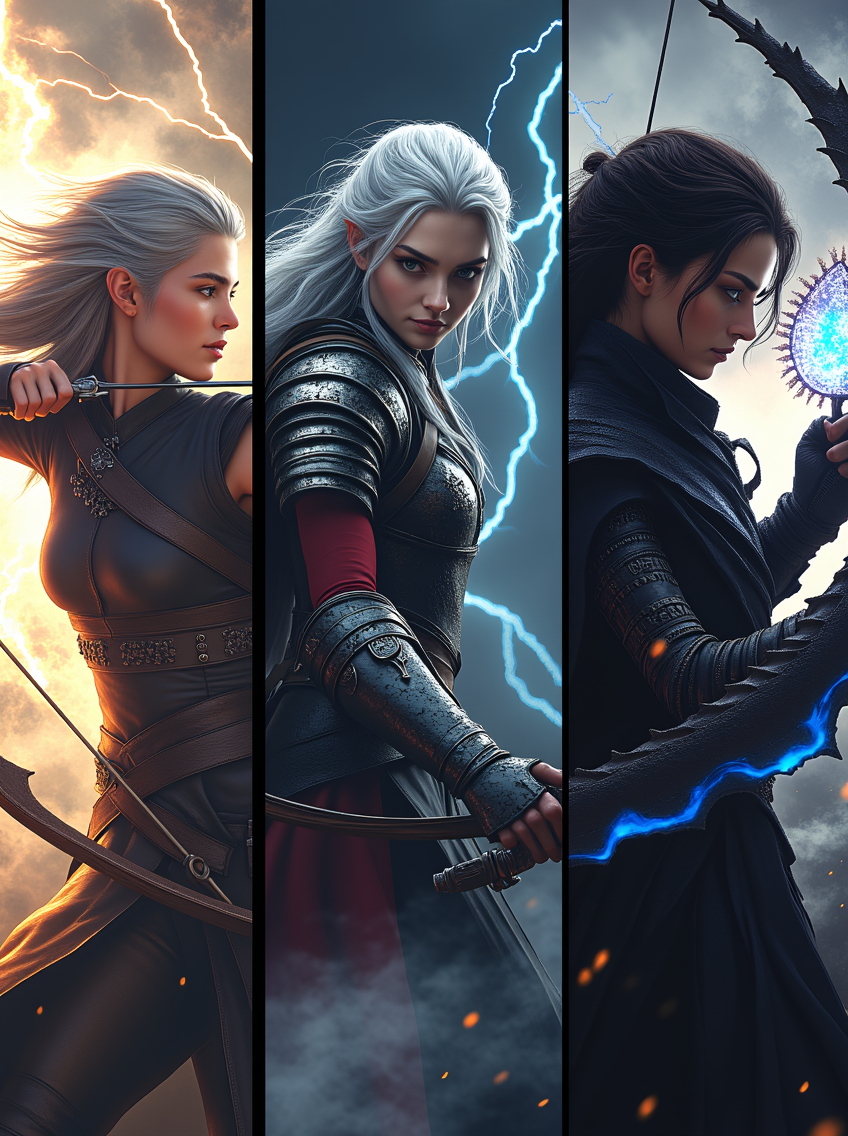newfantasycore. 
Create an image split into 3 sections, each depicting a different female warrior. In the first section, a fierce elven archer stands tall, her silver hair flowing in the wind, holding a glowing bow with intricate designs. She’s dressed in sleek leather armor, her eyes sharp with focus as she aims toward an unseen enemy. The second section shows a powerful warrior woman in heavy plate armor, wielding a massive sword, with a stormy backdrop and lightning crackling behind her. Her expression is one of determination, as she stands ready to charge into battle. The third section features a mysterious mage-warrior, cloaked in dark robes with glowing runes etched across her arms, casting a spell while holding a staff topped with a swirling crystal. Each warrior should have her own distinct atmosphere and style, with contrasting backgrounds that enhance their unique powers.