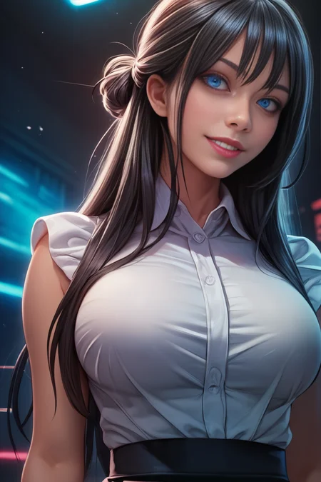 Score_9, score_8_up,score_6_up, (perfect anatomy), human, realistic photograph of a woman, bright vibrant colors, realistic eyes, angled-view, beautiful smile, blue eyes, half updo, choppy bangs, white collared sleeveless blouse, black skirt, long hair, large breasts, <lora:add-detail-xl:1.6>, <lora:LiDaJooDove9:0.8> Li-Da JOO