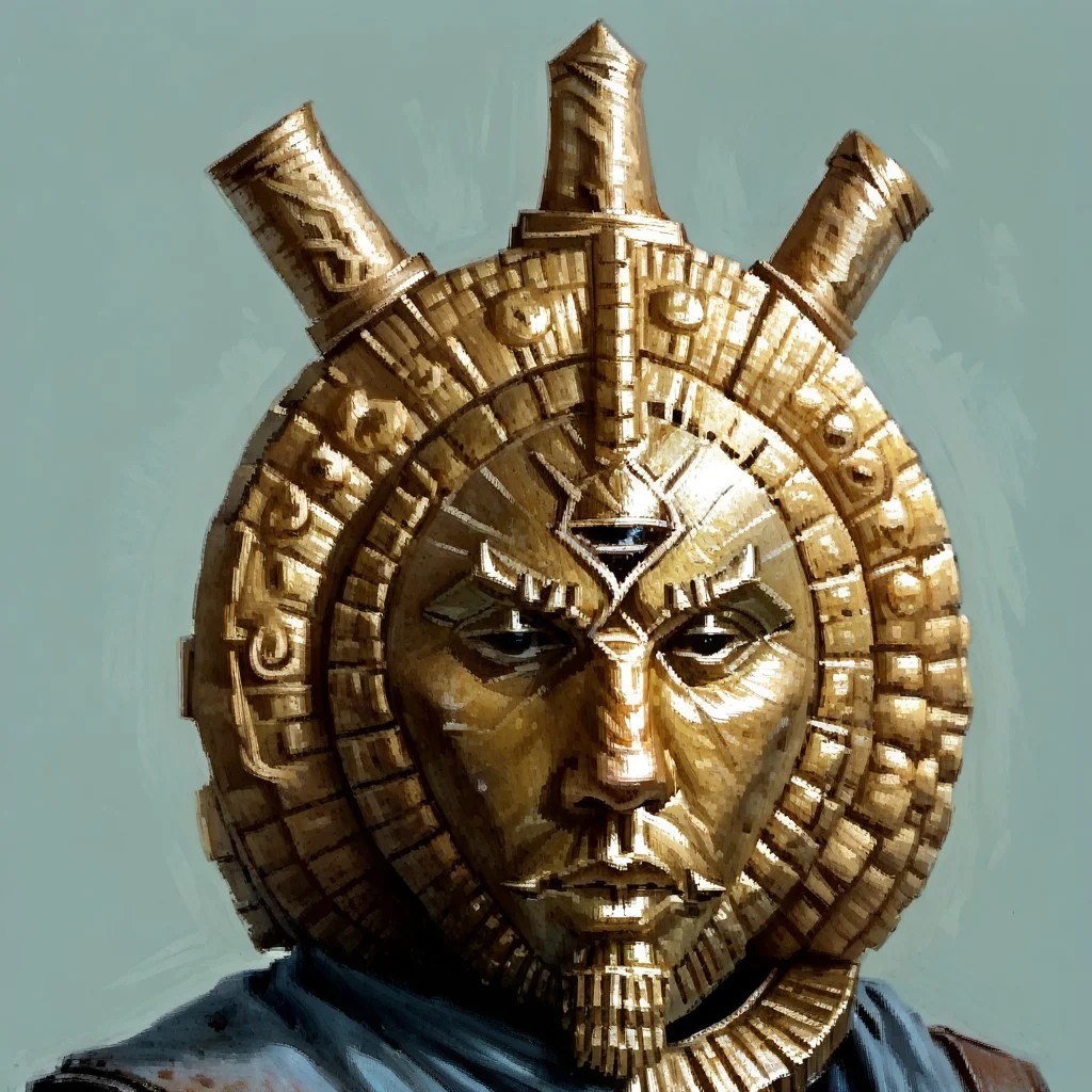 score_8, score_8_up, score_7_up, arcanum_portrait, portrait, traditional media, solo, simple background, 1boy, solo, male focus, DagothUr_TES3, gold mask, mask, third eye, gorget, gold gorget, painting (medium)