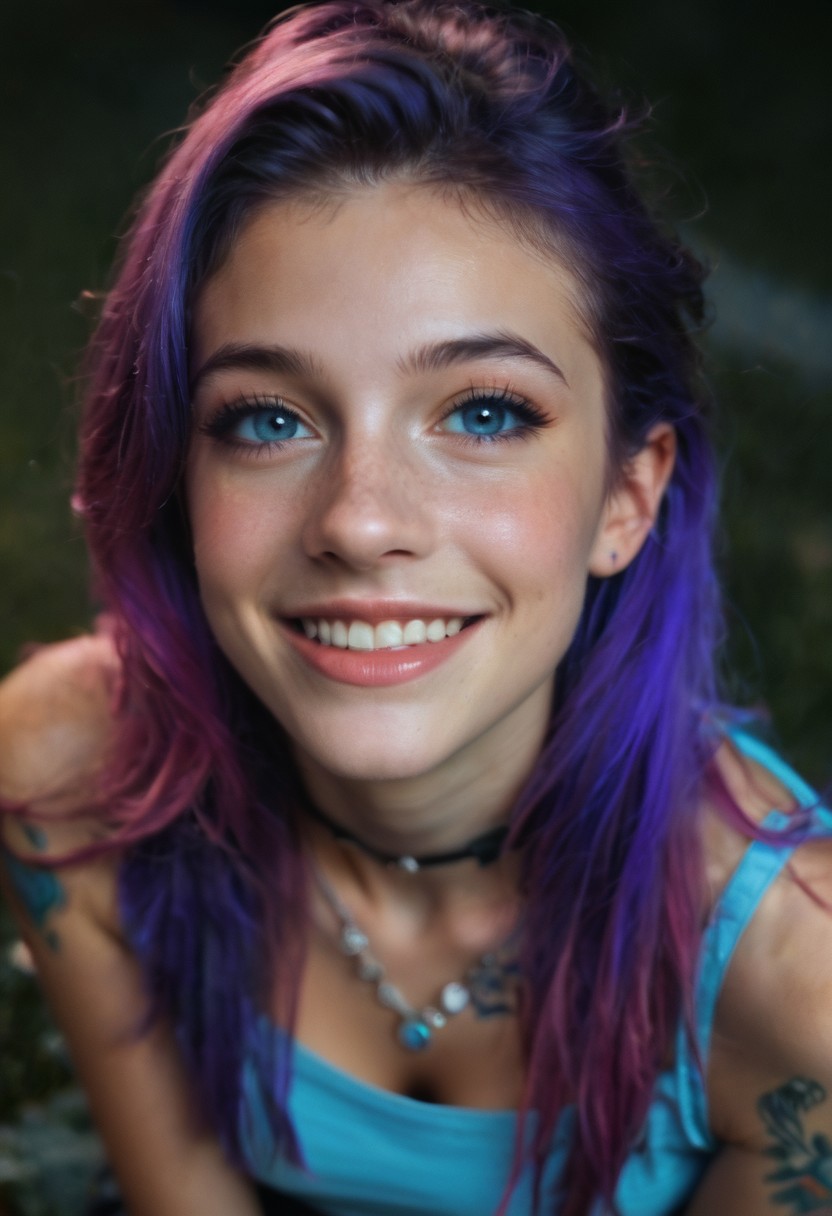 score_9, score_8_up, score_8, score_9, high detail, highres, realistic, (((closeup portrait, focus on face))) (((closeup view from above))), at night, dark, cropped picture,
1girl, small 22yo Kim, European girl, long, red and violet hair, two tone hair, natural blue eyes, complex iris, detailed eyes, cute, small nose, beautiful, long eyelashes, smile, happy, lifted medium round breasts, smile, looking at viewer, parted lips, (colorful), petite, skinny, youthful face, thongs aside, skirt raised, happy, laughing, arm tattoos, amateur, dark eyeliner, atmospheric scene, masterpiece, best quality, 24mm, 4k textures, soft cinematic, trending deviantart, Trailblazer, depth of field, simple background, dark, flash photo, analog camera,
