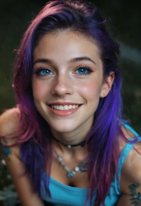 score_9, score_8_up, score_8, score_9, high detail, highres, realistic, (((closeup portrait, focus on face))) (((closeup view from above))), at night, dark, cropped picture,
1girl, small 22yo Kim, European girl, long, red and violet hair, two tone hair, natural blue eyes, complex iris, detailed eyes, cute, small nose, beautiful, long eyelashes, smile, happy, lifted medium round breasts, smile, looking at viewer, parted lips, (colorful), petite, skinny, youthful face, thongs aside, skirt raised, happy, laughing, arm tattoos, amateur, dark eyeliner, atmospheric scene, masterpiece, best quality, 24mm, 4k textures, soft cinematic, trending deviantart, Trailblazer, depth of field, simple background, dark, flash photo, analog camera,