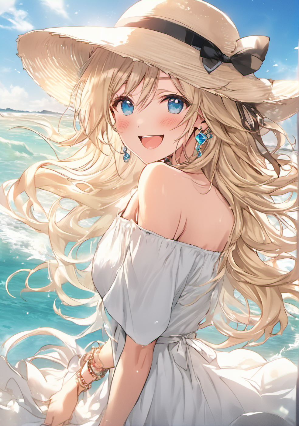 1girl, :d, aqua eyes, bangs, bare shoulders, beach, blush, bracelet, breasts, blonde hair, choker, cleavage, collarbone, dress, earrings, eyebrows visible through hair, hat, jewelry, long hair, looking at viewer, large breasts, , ocean, off-shoulder dress, off shoulder, open mouth, outdoors, ribbon, smile, solo, sun hat, water, white dress, white headwear
