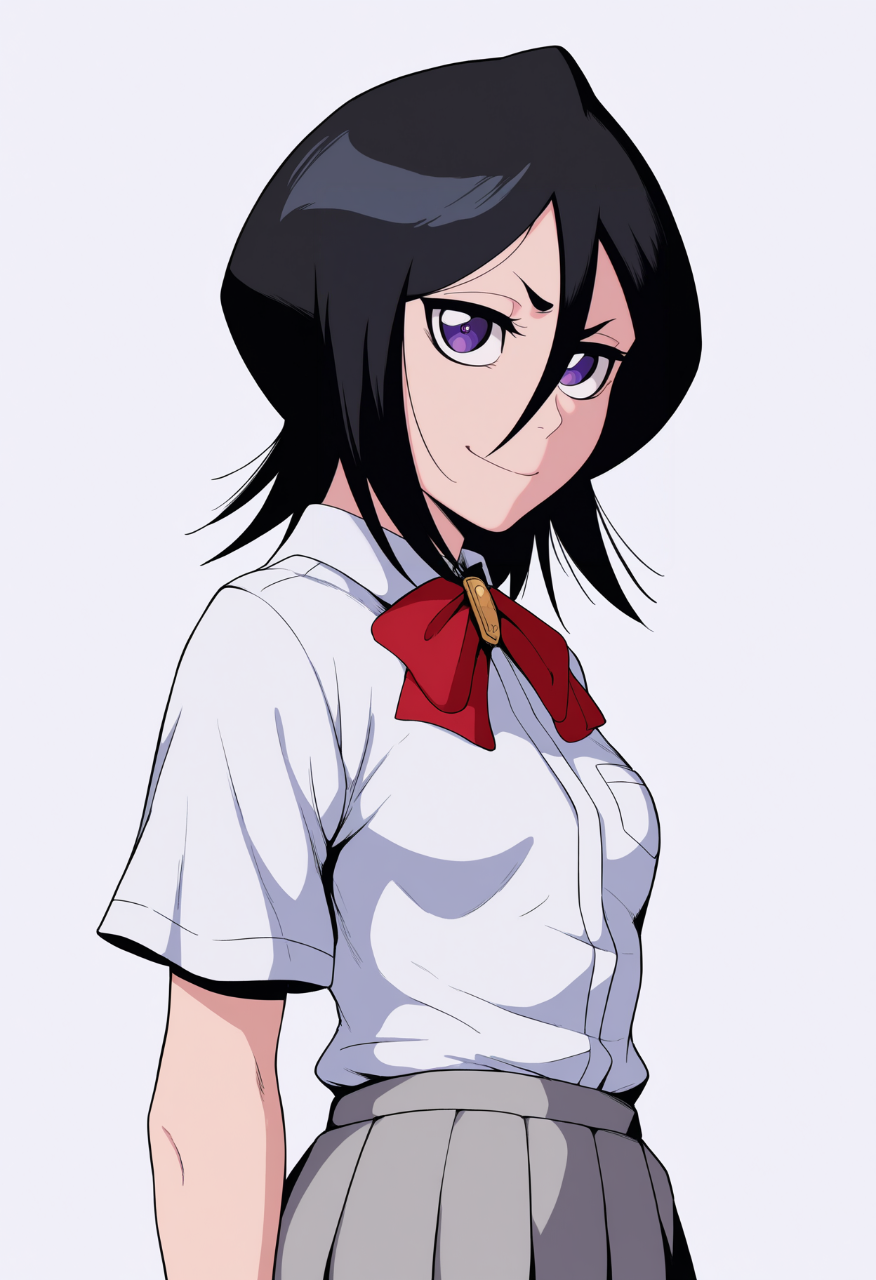 best quality, amazing quality, very aesthetic, absurdres,
1girl, kuchiki rukia, purple eyes, black hair, short hair,
white shirt, school uniform, pleated skirt,
smile, upper body,
looking at viewer, solo, simple background, white background,  <lora:RukiaKuchikiNoobXL_byKonan:1>