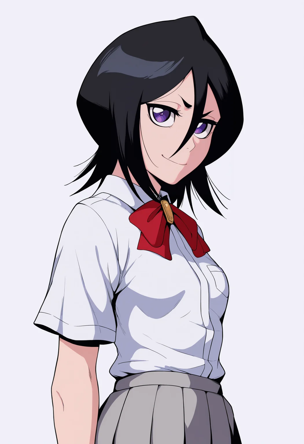 best quality, amazing quality, very aesthetic, absurdres,
1girl, kuchiki rukia, purple eyes, black hair, short hair,
white shirt, school uniform, pleated skirt,
smile, upper body,
looking at viewer, solo, simple background, white background, <lora:RukiaKuchikiNoobXL_byKonan:1>