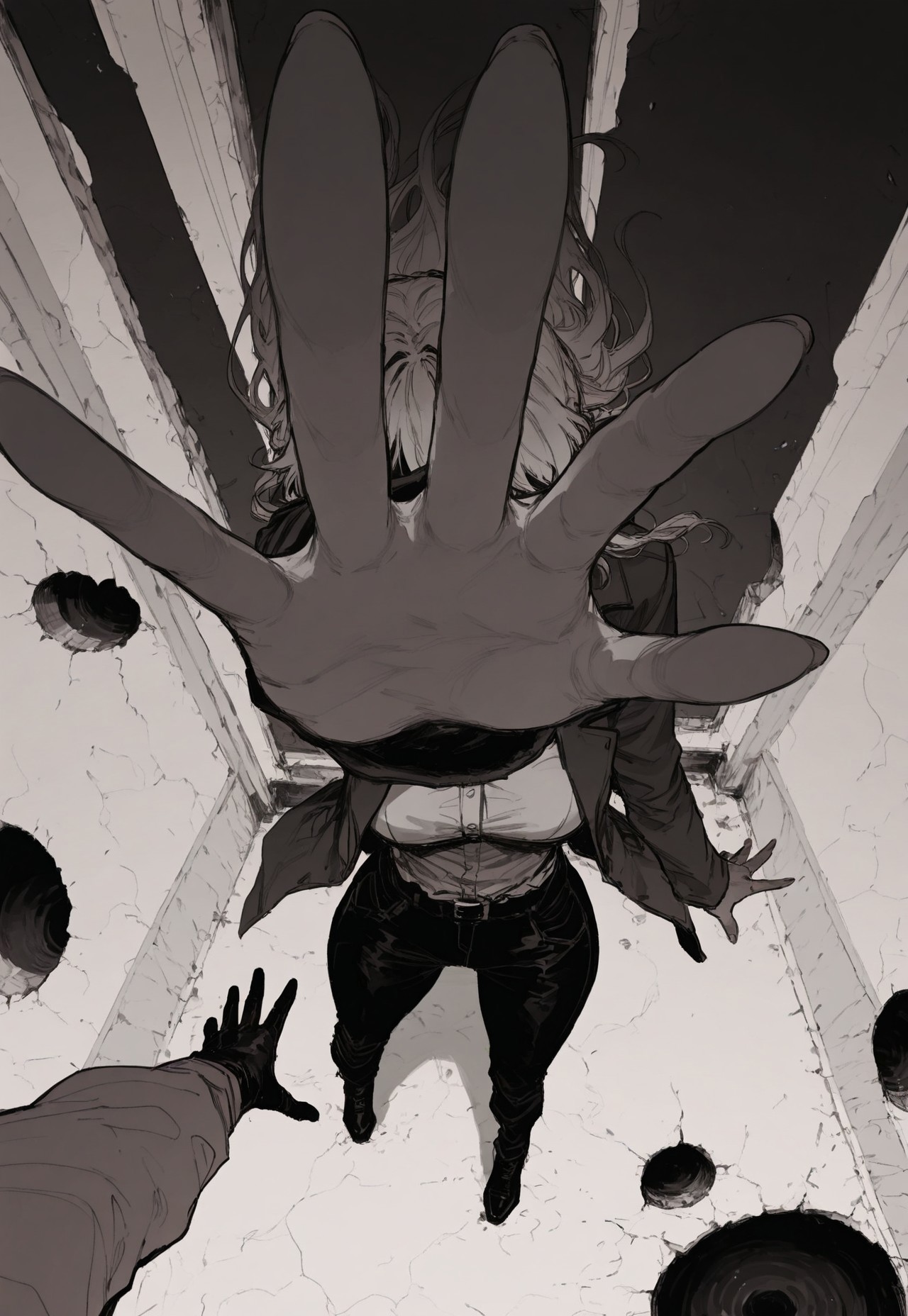 score_9, score_8_up, score_7_up, masterpiece, best quality, very aesthetic,  incoth, (incase:0.6), detailed face, (dynamic:1), r17329_illu, perspective, reaching out hand, pov, standing on edge, from below, hole, female hand, pulling inside, 