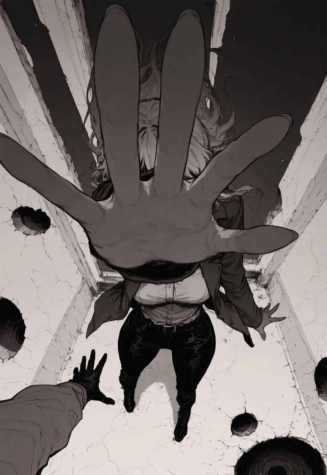 score_9, score_8_up, score_7_up, masterpiece, best quality, very aesthetic,  incoth, (incase:0.6), detailed face, (dynamic:1), r17329_illu, perspective, reaching out hand, pov, standing on edge, from below, hole, female hand, pulling inside, 