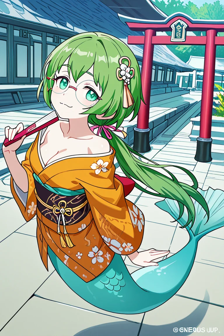score_9, score_8_up, score_7_up, score_6_up, high resolution, gorgeous, absurdres, best quality, anime screencap, source_anime, (genshin impact), official art, 1girl
BREAK
detailed background, smug, hand fan, folding fan, japan, torii gates, temple
BREAK
,Coda,green hair, green eyes, long hair,ponytail, hair ribbon, glasses,medium breasts, monster girl, mermaid,mermaid tail, green tail,:3,single fang, kimono, off shoulders, obi, sash, hair ornament, cleavage