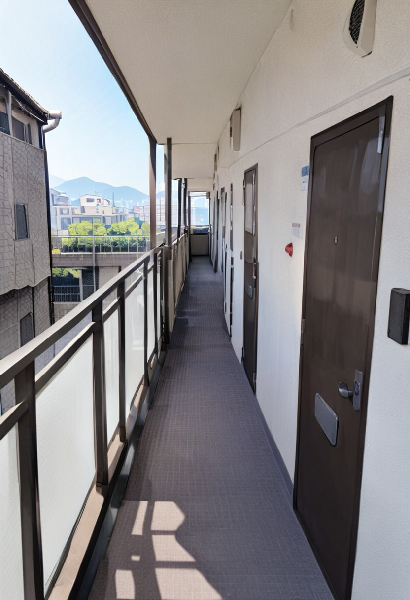 masterpiece, best quality, very aesthetic, absurdres,
rouka, hallway, scenery, window, building, day, sky, door, outdoors, blue sky, cityscape, city, real world location, 
 <lora:JProuka_apartment_hallway_SDXL_V1:1>