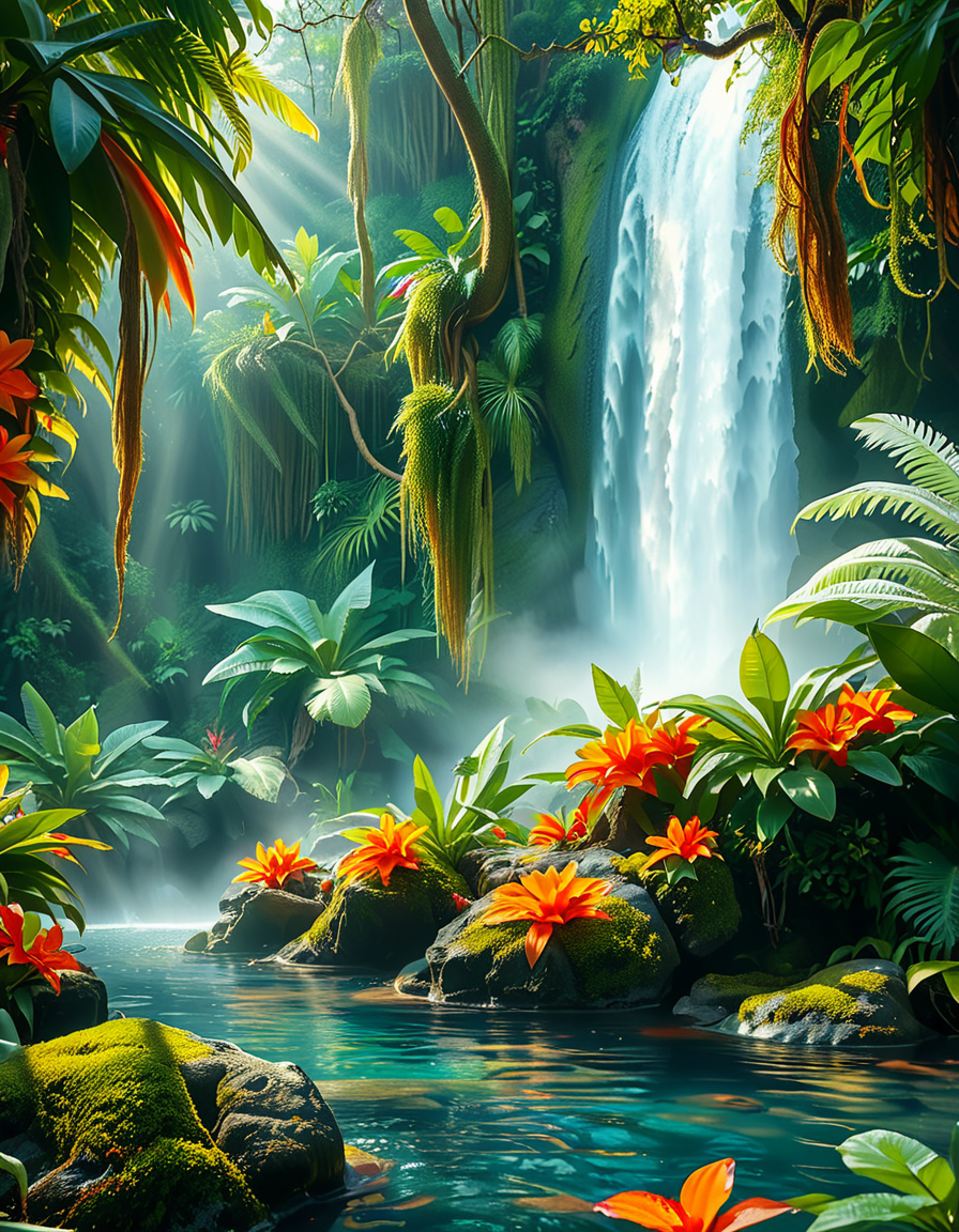 A stunning and tranquil view of a jungle waterfall cascading down smooth, moss-covered rocks into a crystal-clear pool below. The scene is surrounded by dense, lush greenery, with towering tropical trees and vibrant, oversized ferns creating a natural canopy that filters sunlight into dappled patterns on the forest floor. Brightly colored flowers in shades of red, orange, and purple add splashes of color among the greenery, while vines and roots wind their way around the rocks and trees. Mist rises from the base of the waterfall, catching the sunlight and creating a soft, ethereal glow, with a faint rainbow visible in the spray. Exotic birds with iridescent feathers can be seen perched on branches, and the faint sound of distant animal calls adds to the sense of a thriving, untouched paradise. The overall atmosphere is serene, magical, and vibrant, capturing the untamed beauty of nature.<lora:SDXLFaeTastic2400:0.4> <lora:extremely_detailed:0.4> extremely detailed, <lora:Jungle_w4t3rf4ll:1>,Jungle w4t3rf4ll, Masterpiece,best quality,hi res,8k,hi res,8k,award winning,(sharp focus, intricate, highly detailed),