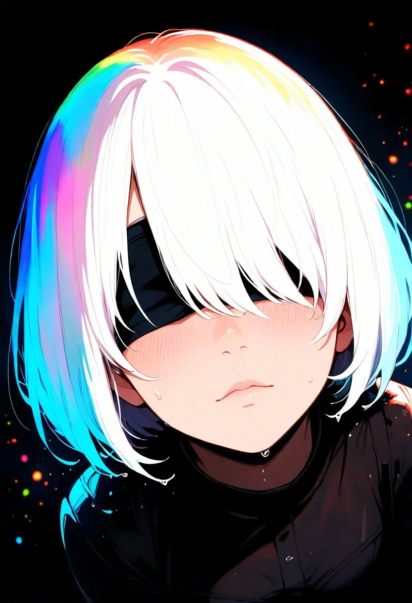 Yorha 2B, masterpiece, best quality, amazing quality, very aesthetic, absurdres, 1 girl, backlighting, blindfold, black, no eyes visible, white hair, blush, wet hair, wet skin, wet clothes, magic circles, sweet expression, looking at viewer, close-up of face, face in shadow, body in shadow, dark setting, strict office suit, thin lips, narrow mouth, solo upper body, angle from above, Dutch angle, hand is not on my cheek, it's raining, soft light, vibrant colors, multicolored rainbow light, focus on face, lots of soft light and colorful particles, colorful, masterpiece, best quality, amazing quality, very aesthetic, absurdres, newest, soft light, explosion of colors, masterpiece, best quality, colorful, bright, multicolored, bright colors of paint, masterpiece, best quality, amazing quality, very aesthetic, absurdres, lots of multicolored rainbow light, focus on the face, lots of soft light, soft colors,