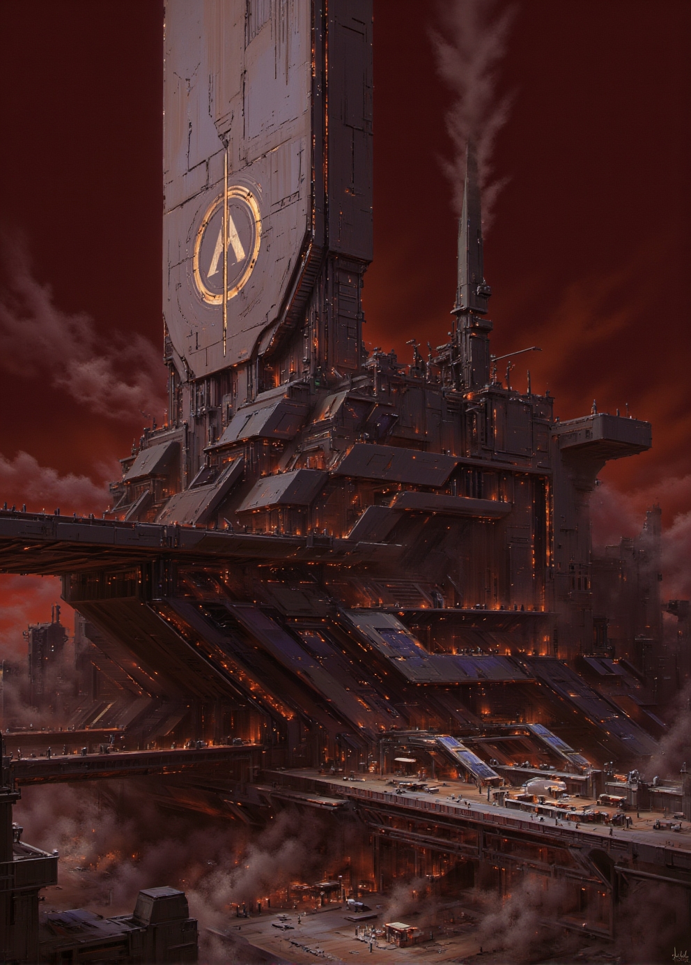 <lora:ck-Sci-Fi-Concepts:1.0>, in the style of ck-sfc, low angle view, A dystopian metropolis sprawls beneath a fractured dome made of reinforced graphene and nanoglass, its surface marred by the scars of past meteor impacts. The city’s heart pulses with the glow of a massive fusion reactor, casting eerie shadows over the densely packed modular structures stacked like honeycomb cells. Bridges connect these precarious living quarters, their railings lined with scavenged solar panels. Markets bustle in the lower sectors, where merchants sell lab-grown food and black-market oxygen filters under makeshift LED lights. The dome’s surface flickers with projected constellations, masking the blood-red Martian sky outside. A vast central tower, shaped like a needle piercing the dome, serves as the headquarters of an authoritarian regime, its crest emblazoned with a glowing insignia visible from every corner. The faint sound of propaganda echoes across the city, mingling with the faint hissing of life-support systems struggling against the dome’s aging infrastructure.
<lora:flux.1_lora_flyway_Epic-detail_v2:0.8>
<lora:Dark_Gray_Photography:0.20>