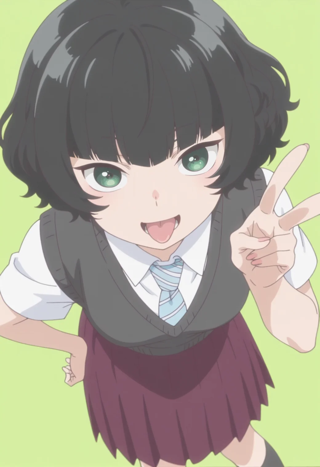 anime screencap, anime coloring,   <lora:DX888Hitoha:1> hongou hitoha, green eyes, black hair,short hair, blunt bangs, BREAK school uniform, white shirt, striped necktie, sweater vest, skirt, socks,  BREAK simple background,  green background, BREAK  1girl, :d, cowboy shot, double gyaru v, gyaru v, looking at viewer, open mouth, smile, solo, standing, tongue out, (dutch angle:1.2), bent over,
