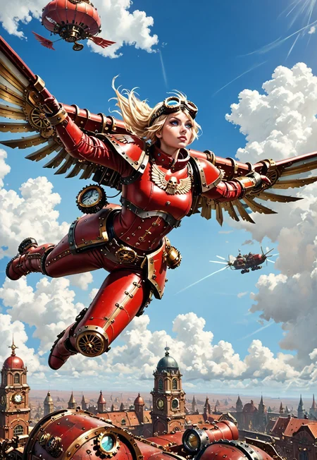 (score_9, score_8_up), score_7_up,  <lora:PonyBloodA40K:0.8> BloodA40K, 1girl, solo, wearing red power armor, ((steampunk, sky world, cloud)), midriff, blonde hair, flying, hovering, air, goggles on head, dynamic angle, (intricate details,detailed face,detailed eyes,super-detailer-bsy,detailifier,detailed skin,detailed hair,hyper-detailed,ultra-detailed,sexiness enhancer)