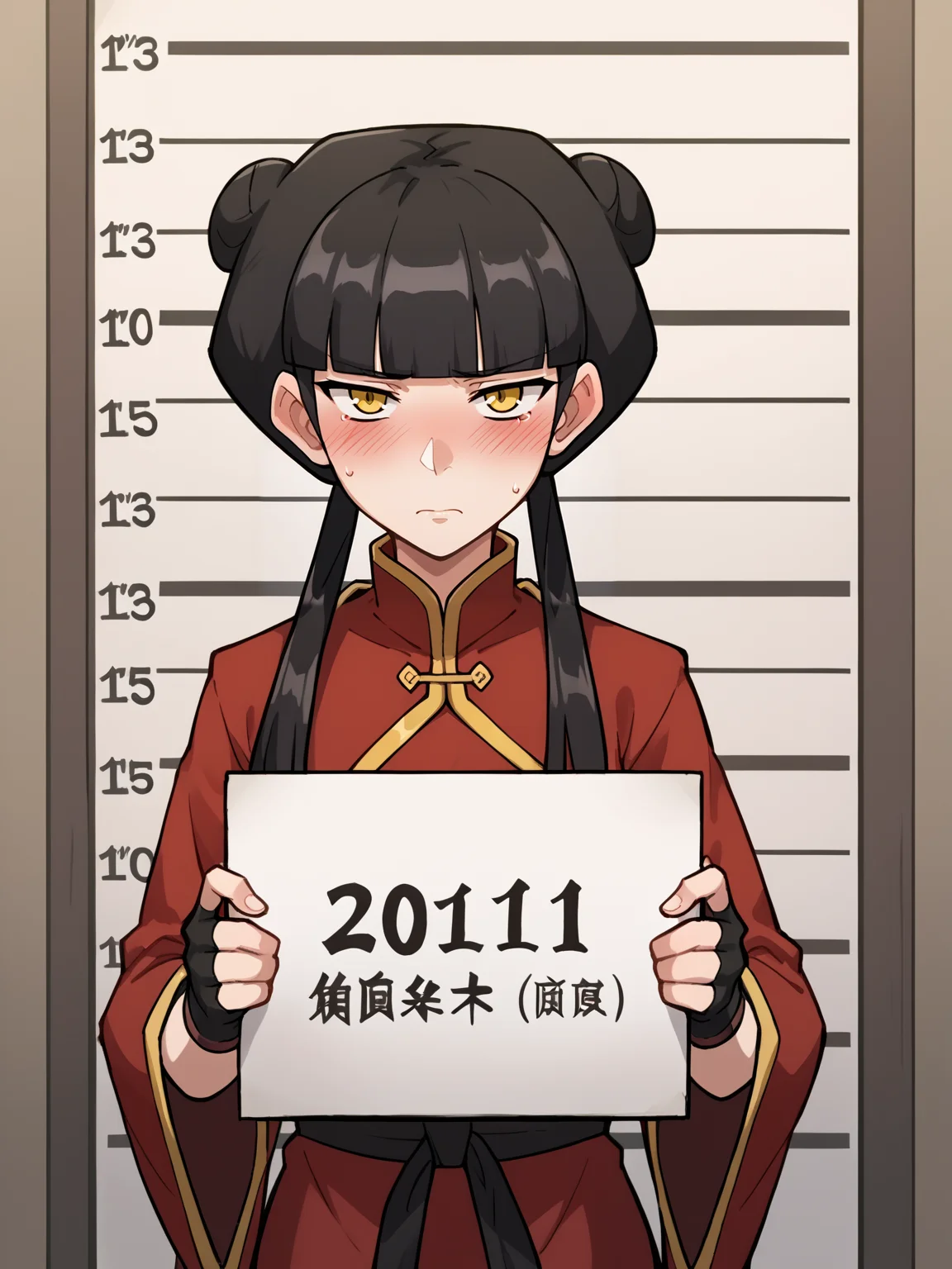 score_9, score_8_up, score_7_up, score_6_up, score_5_up, score_4_up, BREAK, source_cartoon, source_anime,
1girl, mai, black hair, long hair, blunt bangs, double hair bun, twintails, sidelocks, yellow eyes, chinese clothes, long wide sleeves, fingerless gloves,
blush, holding sign, mugshot, sad, looking at viewer <lora:MaiXL:1>