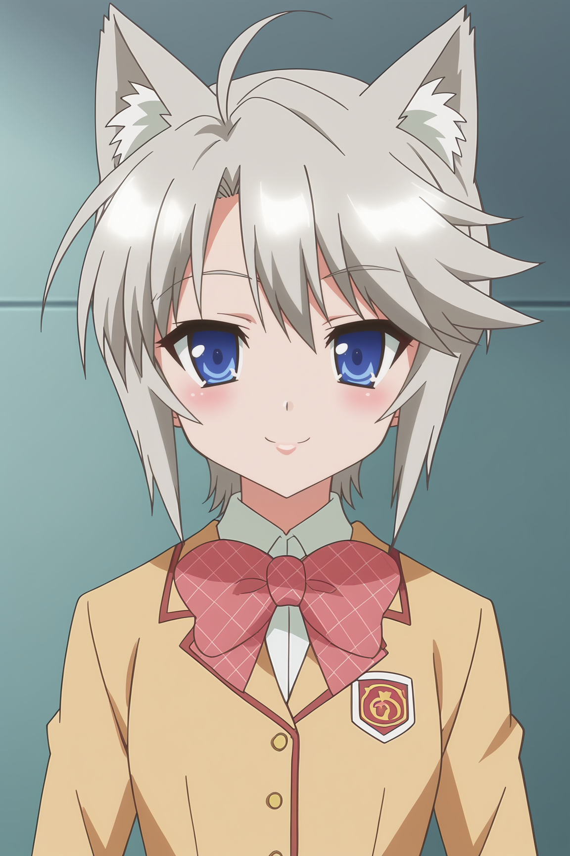 score_9, score_8_up, score_7_up, source anime, prefect lighting, very aesthetic, BREAK, anime coloring, anime screencap,
<lora:ezomori_nozomu_v1-pdv6:1>, 1girl, ezomori nozomu, kanokon, blue eyes, grey hair, short hair,
 wolf ears, wolf tail, school uniform, long sleeves, bow,
BREAK, light smile, blush, looking at viewer, 
BREAK,