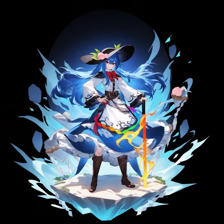 ,hinanawi tenshi, 1girl, solo, long hair, looking at viewer, smile, shirt, skirt, long sleeves, red eyes, dress, hat, holding, bow, hair between eyes, closed mouth, standing, blue hair, white shirt, full body, weapon, frills, boots, food, belt, bowtie, sword, wide sleeves, black footwear, holding weapon, red bow, blue skirt, hand on own hip, black headwear, fruit, brown footwear, leaf, holding sword, black background, frilled sleeves, knee boots, red bowtie, adapted costume, hat ornament, center frills, peach, sword of hisou, rainbow order, rainbow gradient, keystone, fruit hat ornament,<lora:TestTestTest!\uuzan\Uuzan_Style_NBV1.safetensors:0.95:0.95>,,masterpiece,best quality,newest,absurdres,highres,very awa,detail background <lora:None:0.9500000000000002>