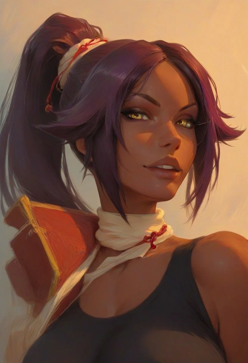 score_9, score_8_up, interesting background, masterpiece, (high quality), complex , highly detaily, (mature), Yoruichi Shihoin, dark skin