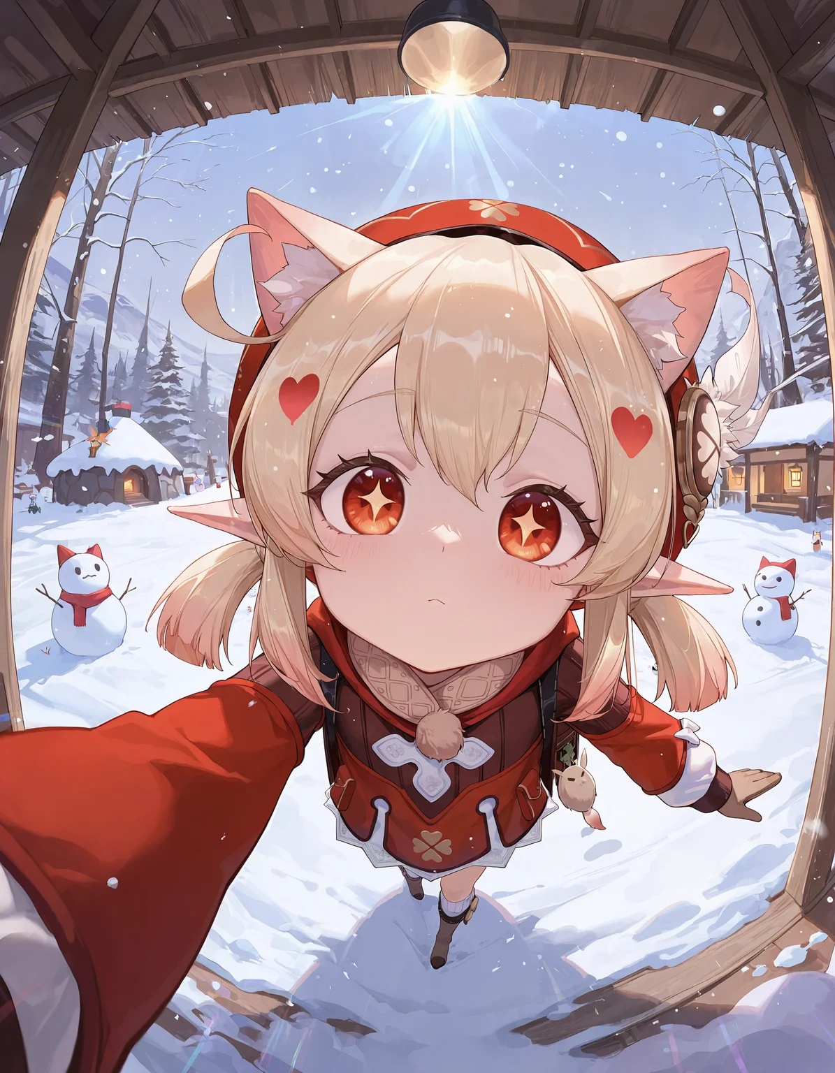 masterpiece, newest, incredibly absurdres, highres, bingwei_huang_style,<lora:bingwei_huang_style:1>,1girl,selfie,klee \(genshin impact\),  +_+,  patterned hair,heart pattern,heart_hair, red eyes,cat cat ears, pointy ears, snowing, snow cat personification, fisheye, light rays,igloo, snowman , detailed_background,incredibly absurdres, masterpiece, absurdres