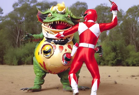 Terror Toad, toad monster, male red power ranger, yellow ranger helmet tattoo, fighting