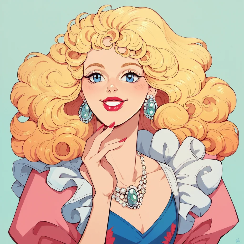 score_9, score_8_up, score_7_up, score_6_up, score_5_up, score_4_up, hud_millirob, 1girl, blonde curly hair, blue eyes, solo, dress, jewelry, retro artstyle, lipstick, smile, <lora:hud_millirob:0.7>