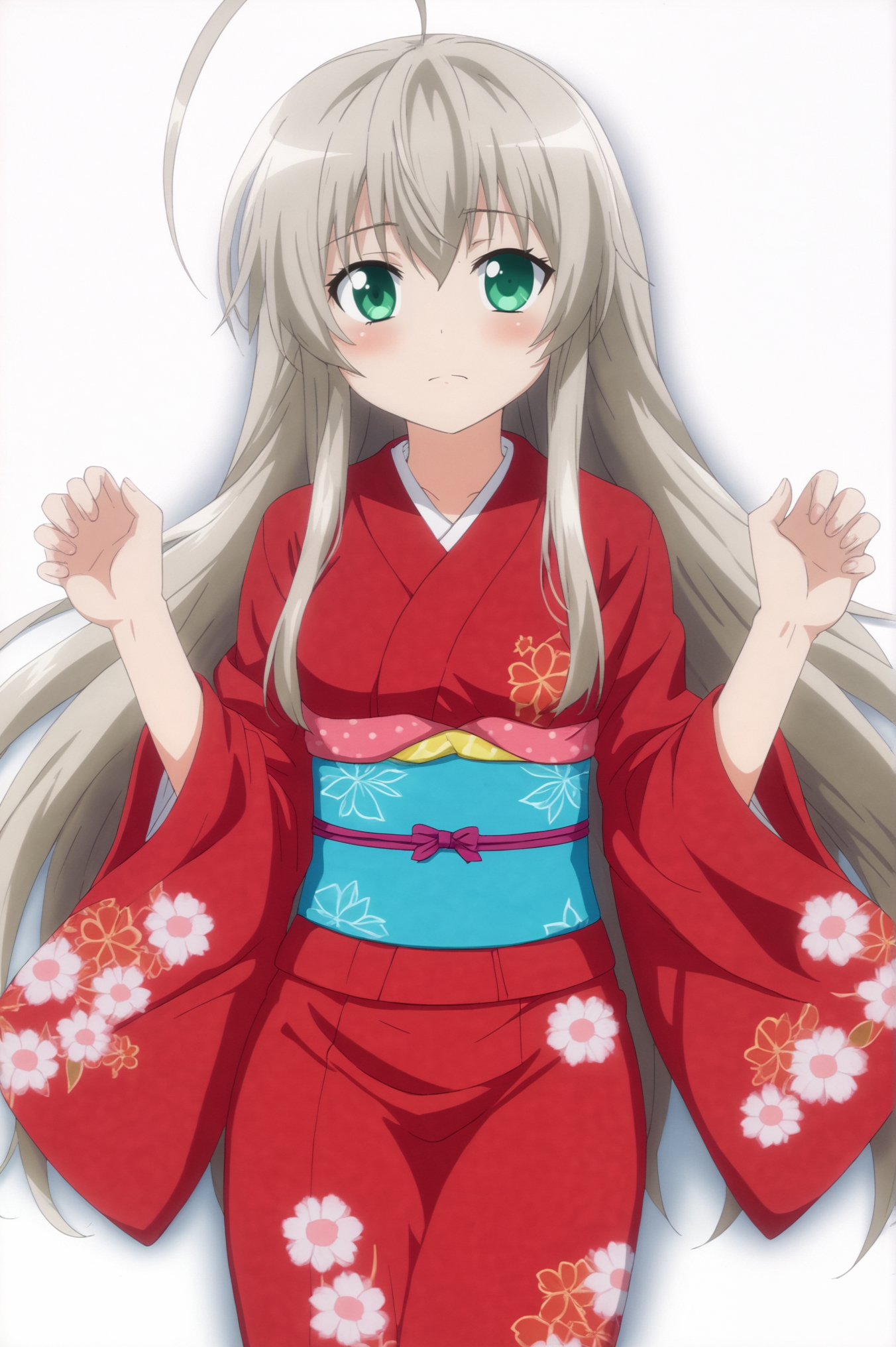 <lora:Nyaruko:0.7>  Nyaruko, 1girl, blush, simple_background, white_background, lying, japanese_clothes, solo_focus, wide_sleeves, kimono, sash, holding_hands, floral_print, obi, yukata, red_kimono <lora:sdxl_lightning_4step_lora:1>