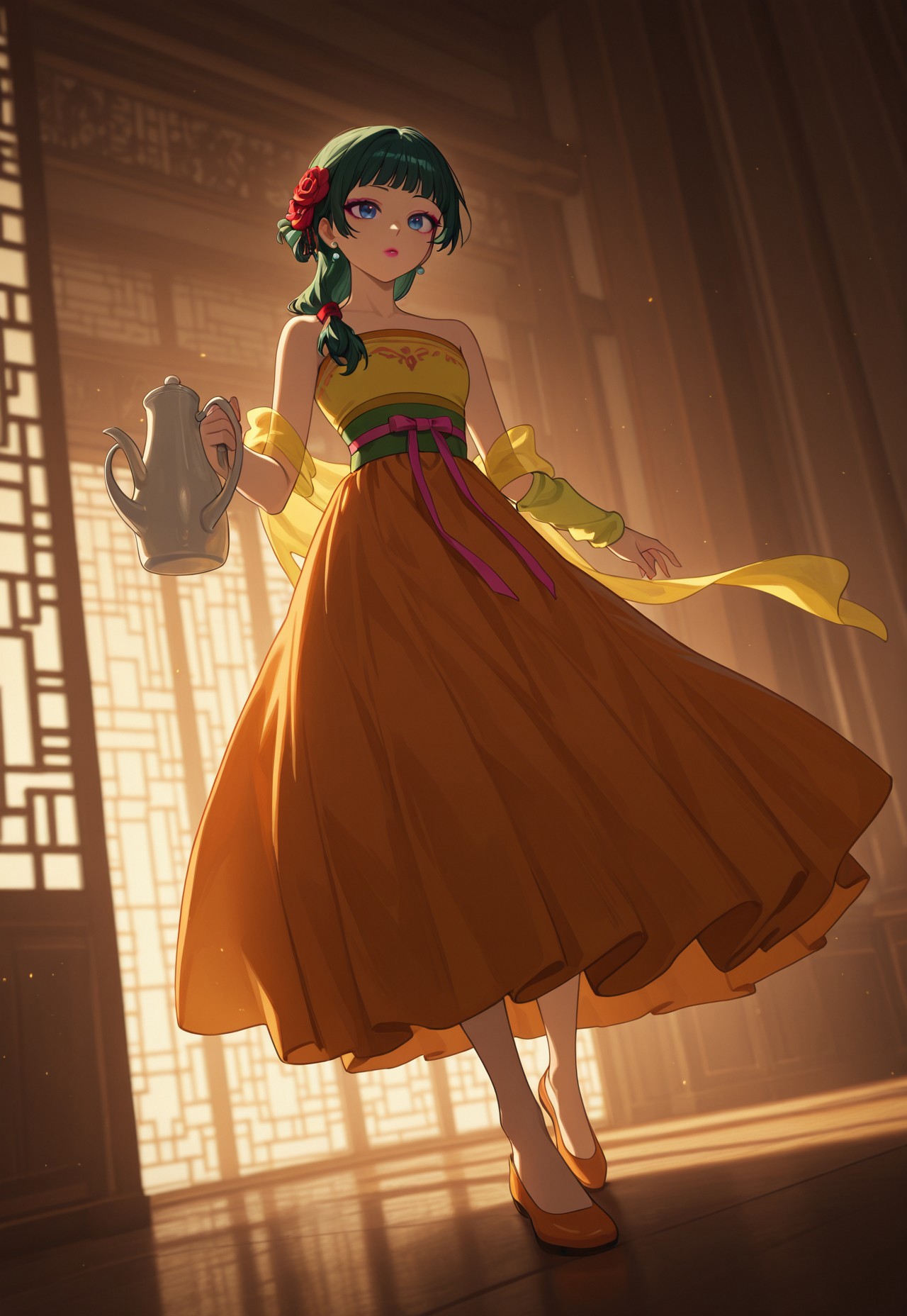 masterpiece, best quality, amazing quality, very aesthetic, absurdres, dynamic pose, dynamic angle, ultra-detailed, highly detailed, cinematic lighting, realistic shading, intricate details, soft lighting, high contrast, depth of field, ADCHCMao2, 1girl, solo, green hair, blue eyes, flat chest, pink lipstick, pink eyeshadow,
CHChairstyle, official alternate hairstyle, low side ponytail, hair over shoulder, red scrunchie, red hair flower, official alternate costume, blue pearl earrings, single arm warmer, yellow hagoromo, heziqun, yellow hezi, pink ribbon, green sash, orange skirt, orange flats, holding pitcher, indoors, evening, full body