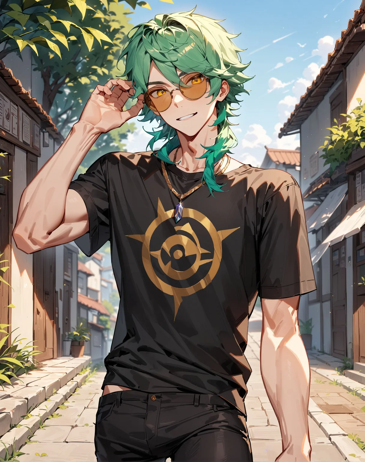 1boy, solo, male only, male focus, cowboy shot, <lora:ezreal_sdxl_lora:1>, (ezreal, green hair, yellow eyes), sunglasses, shirt, pants, black shirt, black pants, outdoors, looking at viewer, masterpiece, best quality, very aesthetic, absurdres, very detailed, sensitive, <lora:Lightning-8:0.5>