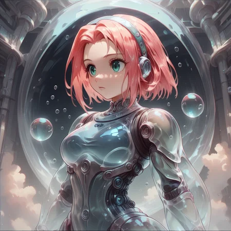 score_9, score_8_up, <lora:BubblyTech_PonyXL_B-000013:1>,bubblytech ,scifi, transparency, caustics , iridescent,
haruno sakura , 1girl, cowboy shot, forehead protector, glint, headband