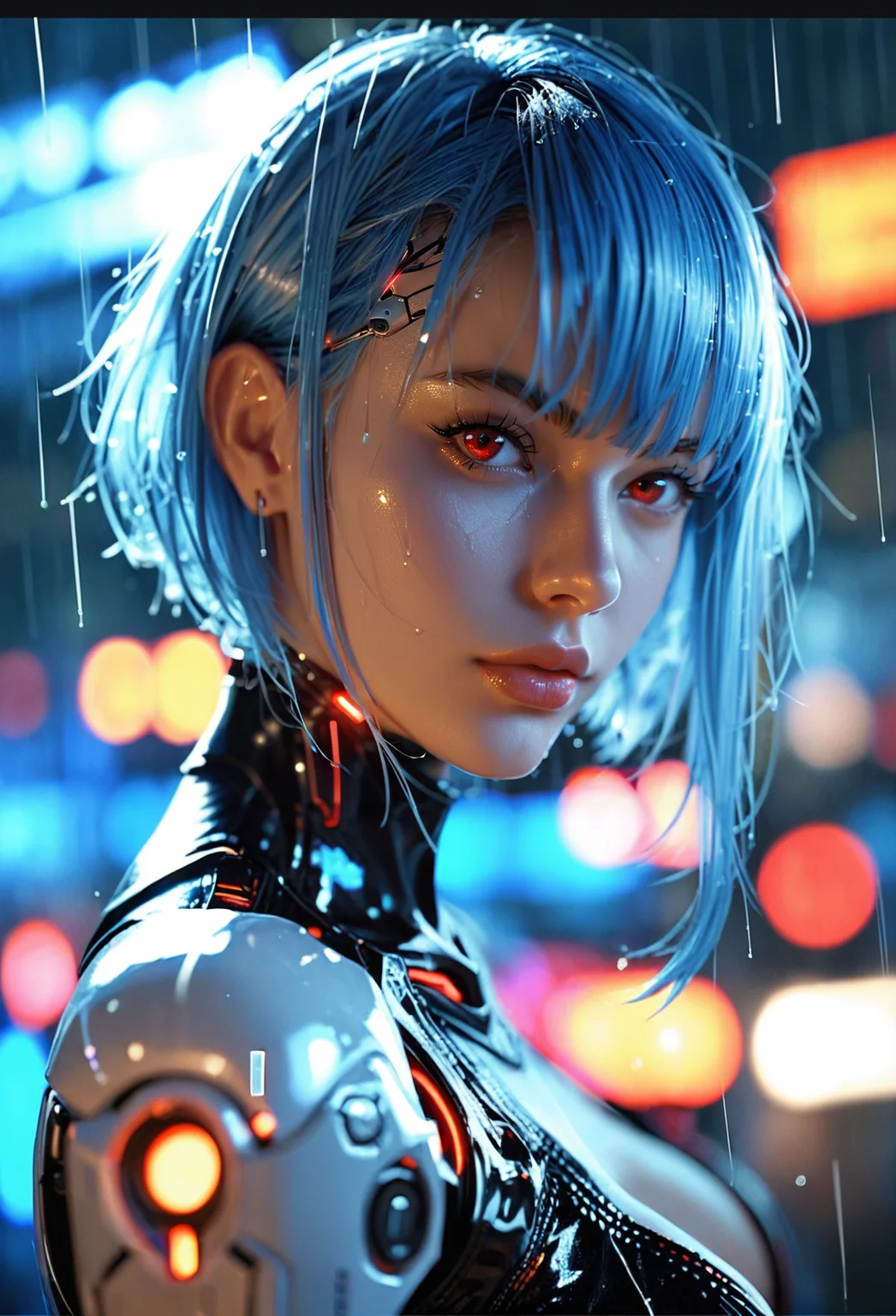 score_9, score_8_up, score_7_up, 1girl, solo, breasts, looking at viewer, short hair, bangs, red eyes, closed mouth, blue hair, upper body, white hair, blurry, from side, lips, depth of field, blurry background, glowing, letterboxed, science fiction, rain, android, cyborg, robot joints, cyberpunk