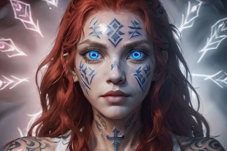 bright red hair, human female, (feminine:1.7), (beautiful face, detailed face:1.6), (beautiful eyes, detailed eyes:1.7), (looking at viewer, eye contact, intense:1.6), (long hair, red hair, curly hair:1.3), , ((masterpiece, best quality, high resolution, realistic, best quality,)), photo realistic, Perfect Face, (detailed face). <lora:GoodHands-vanilla:0.6> <lora:add-detail-xl:0.8>, mage, (Dress White military uniform coat), dagger, rune dagger, glowing runes, , (((glowing magic symbols tattoos, religious tattoos))), ((face tattoos)), glowing tattoos, stone tower in the background