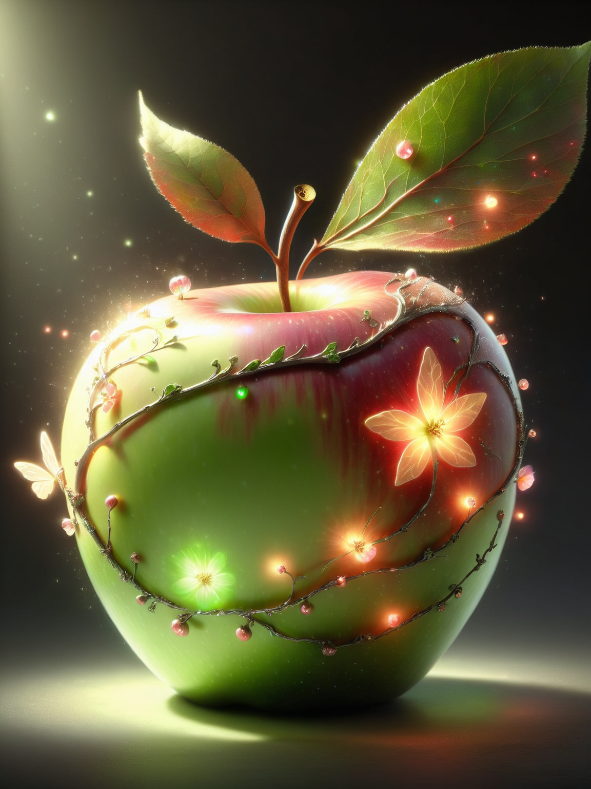 <lora:Fairy_Style_SDXL:1> An ais-fairy apple, glowing with a soft, ethereal light, as if about to offer a fateful choice.