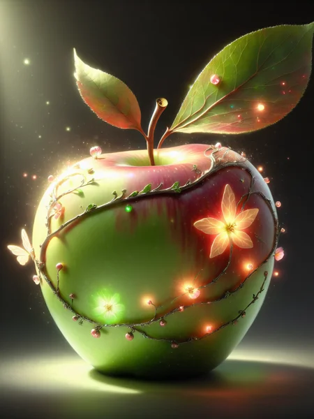 <lora:Fairy_Style_SDXL:1> An ais-fairy apple, glowing with a soft, ethereal light, as if about to offer a fateful choice.