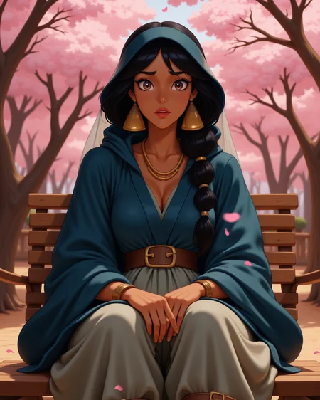 wide shot, looking at viewer, outdoors daylight, 20 year old woman, Surprised with wide eyes, raised eyebrows, and a mouth slightly open in shock.
<lora:Disney_-_Jasmine_v2-000030:1> d-jasmine a 20 year old adult woman with brown eyes , black hair and dark skin. 
a determined princess with braided black hair under a light veil, wearing a desert-ready deep blue hooded robe over layered fabric wraps, lightweight harem pants, brown leather boots, golden bangles,
A woman sits on a park bench in the middle of a blooming cherry blossom grove, her fingers lightly tracing the petals that fall around her like snow.