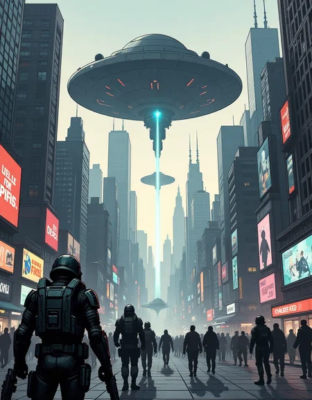 an alien invasion in a futuristic city. Massive alien ships hover above skyscrapers, casting ominous shadows. In the foreground, soldiers in advanced combat suits are seen preparing for battle, with laser weapons and energy shields. The background includes panicked civilians running for cover, and holographic advertisements flickering as the power fluctuates.