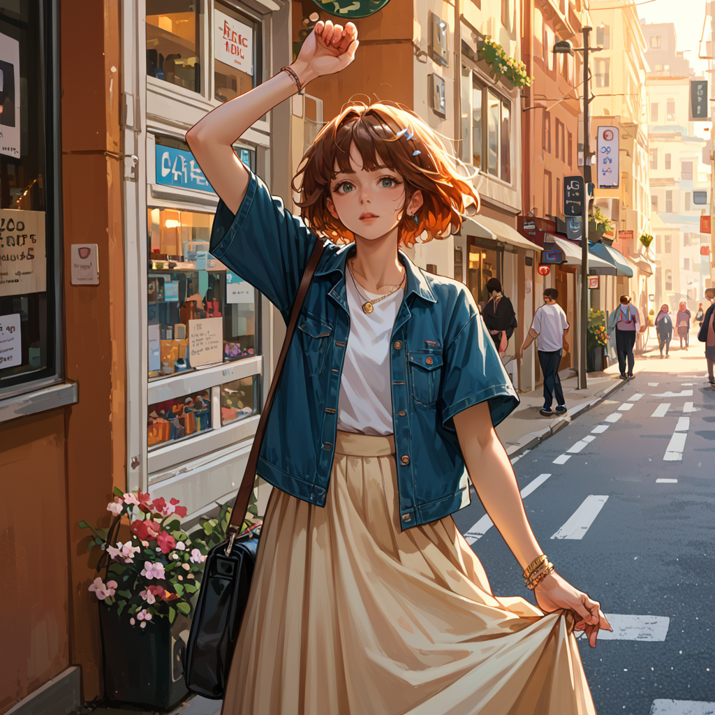 score_9, score_8_up, score_7_up,source_anime, 1girl, standing, street, long skirt, skirt grab,