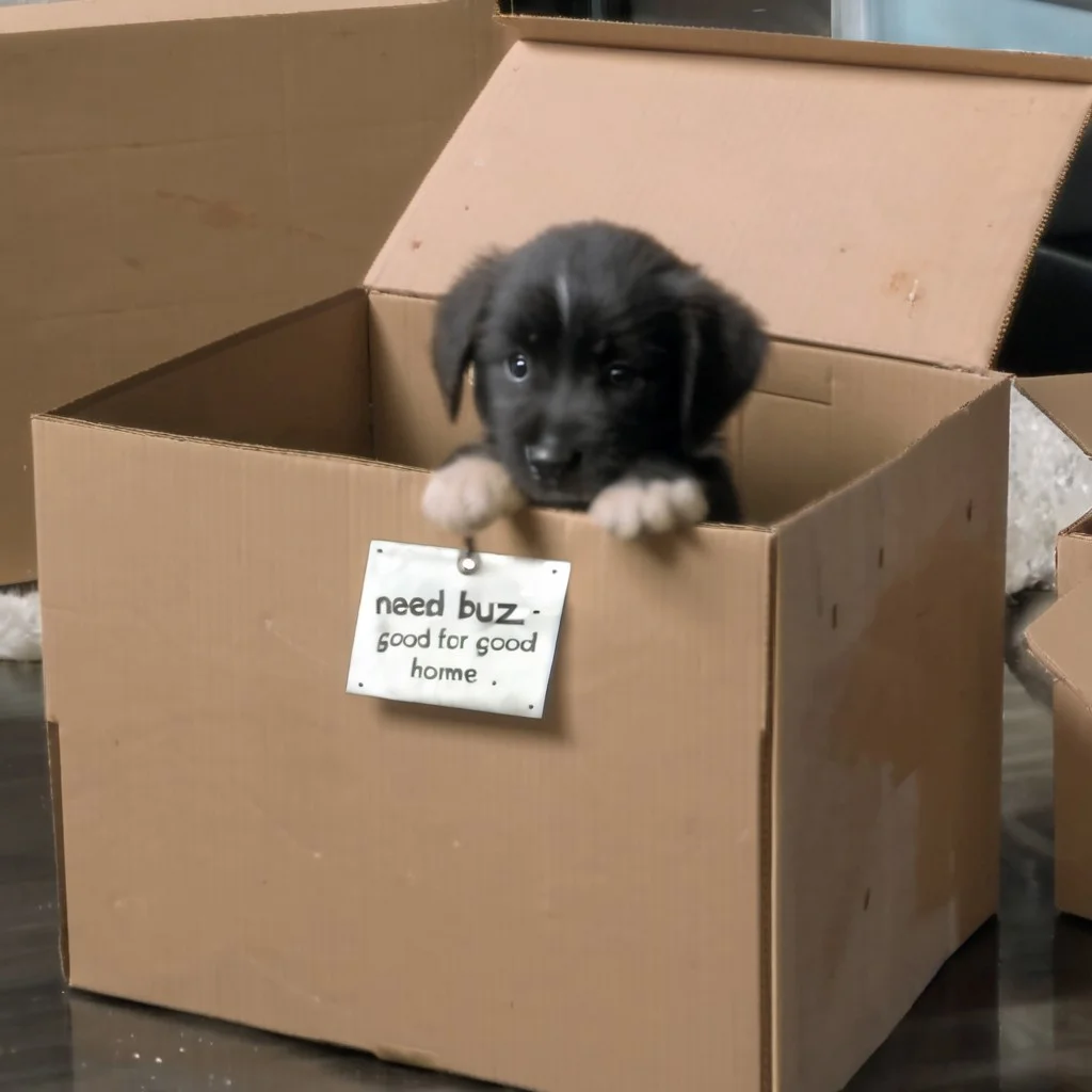 sad puppy in box with a sign saying "Need buz for good home"