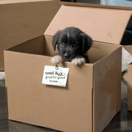 sad puppy in box with a sign saying "Need buz for good home"