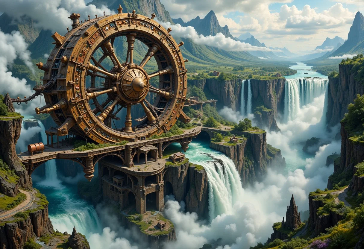 A colossal, intricate fantasy steampunk waterwheel, adorned with brass filigree and copper accents, powers a majestic floating village, with thatched roofs and billowing smoke, suspended high above the mist-shrouded depths by a latticework of wooden beams and steam-powered pulleys, as a gargantuan, surreal waterfall cascades down a sheer, rugged cliffside, its torrential waters churning the wheel's massive, toothed cogs, surrounded by a halo of mist and spray, evoking the atmospheric, cinematic scenery of Syd Mead, the mechanical, industrial elegance of H.R. Giger, and the epic, dreamlike quality of Zdzisław Beksiński.
