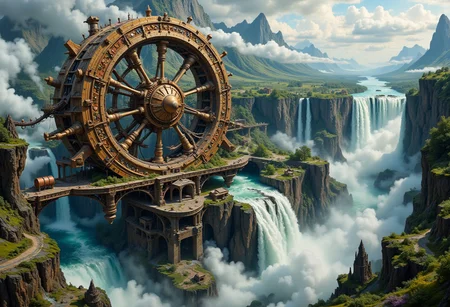 A colossal, intricate fantasy steampunk waterwheel, adorned with brass filigree and copper accents, powers a majestic floating village, with thatched roofs and billowing smoke, suspended high above the mist-shrouded depths by a latticework of wooden beams and steam-powered pulleys, as a gargantuan, surreal waterfall cascades down a sheer, rugged cliffside, its torrential waters churning the wheel's massive, toothed cogs, surrounded by a halo of mist and spray, evoking the atmospheric, cinematic scenery of Syd Mead, the mechanical, industrial elegance of H.R. Giger, and the epic, dreamlike quality of Zdzisław Beksiński.