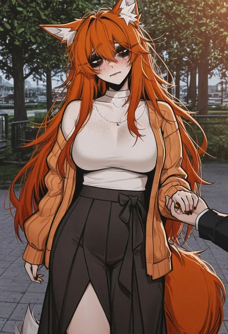 ace_glitch, masterpiece, best quality, very aesthetic, absurdres, masterpiece, best quality, good quality, dynamic lighting, perfect anatomy, 1girl, mature female, fox girl, fox-kin, fox features, droopy fox ears, fox tail, fox eyes, burnt orange hair color, long loose hair style, freckles, small fang, perfect lips, aggressive makeup, painted orange sharp nails, bossy look, short temper, loving, open cardigan, calf length maxi skirt, public park background, holding out hand, wants to hold hands, slightly embarrassed, imminent hand holding, windy,