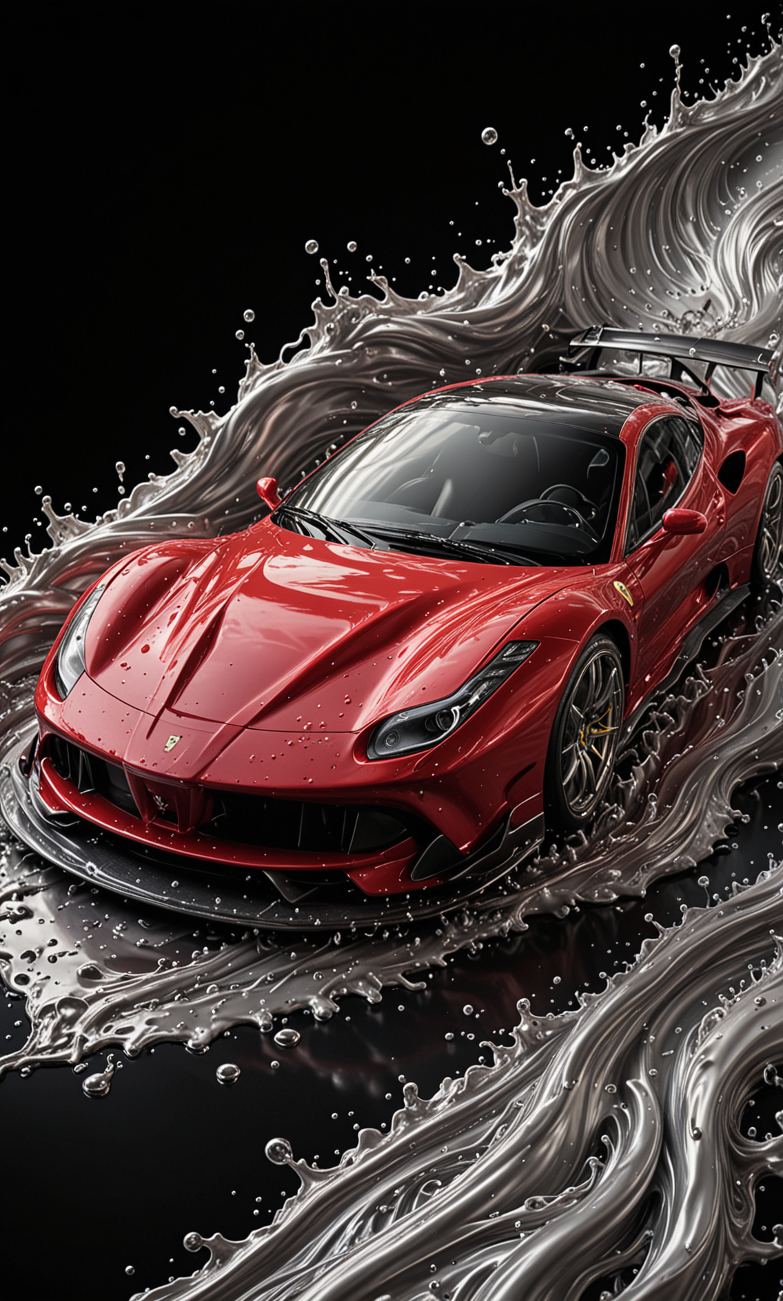 Poster art of a RED LIQUID METAL, DTM Ferrari race car, racing through SILVER LIQUID METAL, Car drifting in a black void, UHD, <lora:Liquid_Fluid_Metal_XL_-_By_DICE:0.7>
