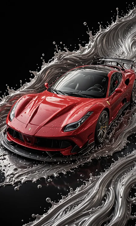 Poster art of a RED LIQUID METAL, DTM Ferrari race car, racing through SILVER LIQUID METAL, Car drifting in a black void, UHD, <lora:Liquid_Fluid_Metal_XL_-_By_DICE:0.7>