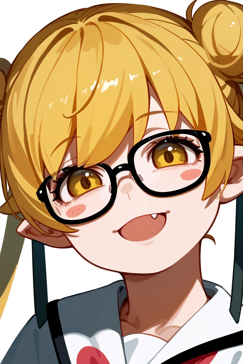(score_9,score_8_up,score_7_up,),<lora:shinobu:0.9>,oshino shinobu,solo,blonde hair,yellow eyes,pointy ears,blush stickers,fang,fashion,fur \(clothing\),crossed_legs,(face focus:1.2),upper body,portrait,twintails,hair bun,black-framed eyewear,ok_sign,smile,