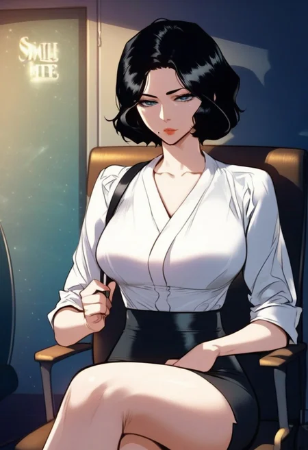 highly detailed, masterpiece, score_9,score_8_up,score_7_up, (manhwa artstyle), ShinJiyeh, light blue eyes, black hair, short hair, mole near lips, daily uniform, cowboy shot, high quality, high quality eyes, EyesHD, looking at viewers, front view, sitting, sitting on a chair, legs crossed