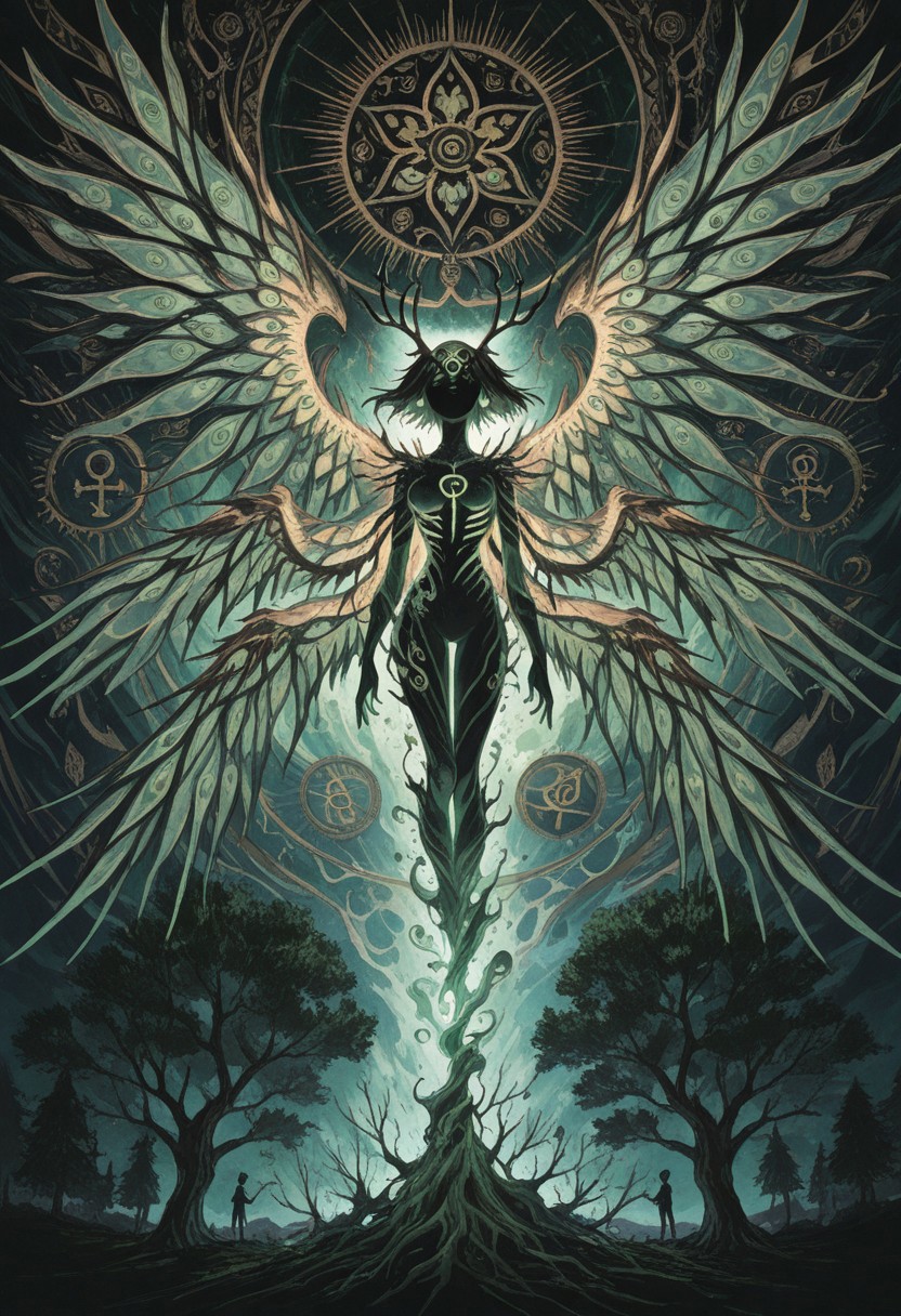 twisting , dissolving , abstract , abomination ,absurd , extreme theme ,extreme theme ,extra eyes, too many eyes, light source , illuminating , wings of eye , extra wings , Celtic symbol , green and lush , (triquetra symbol  ,trinity :1.3) , tree antler , 
masterpiece, best quality ,amazing quality ,15546+456868, usnr ,